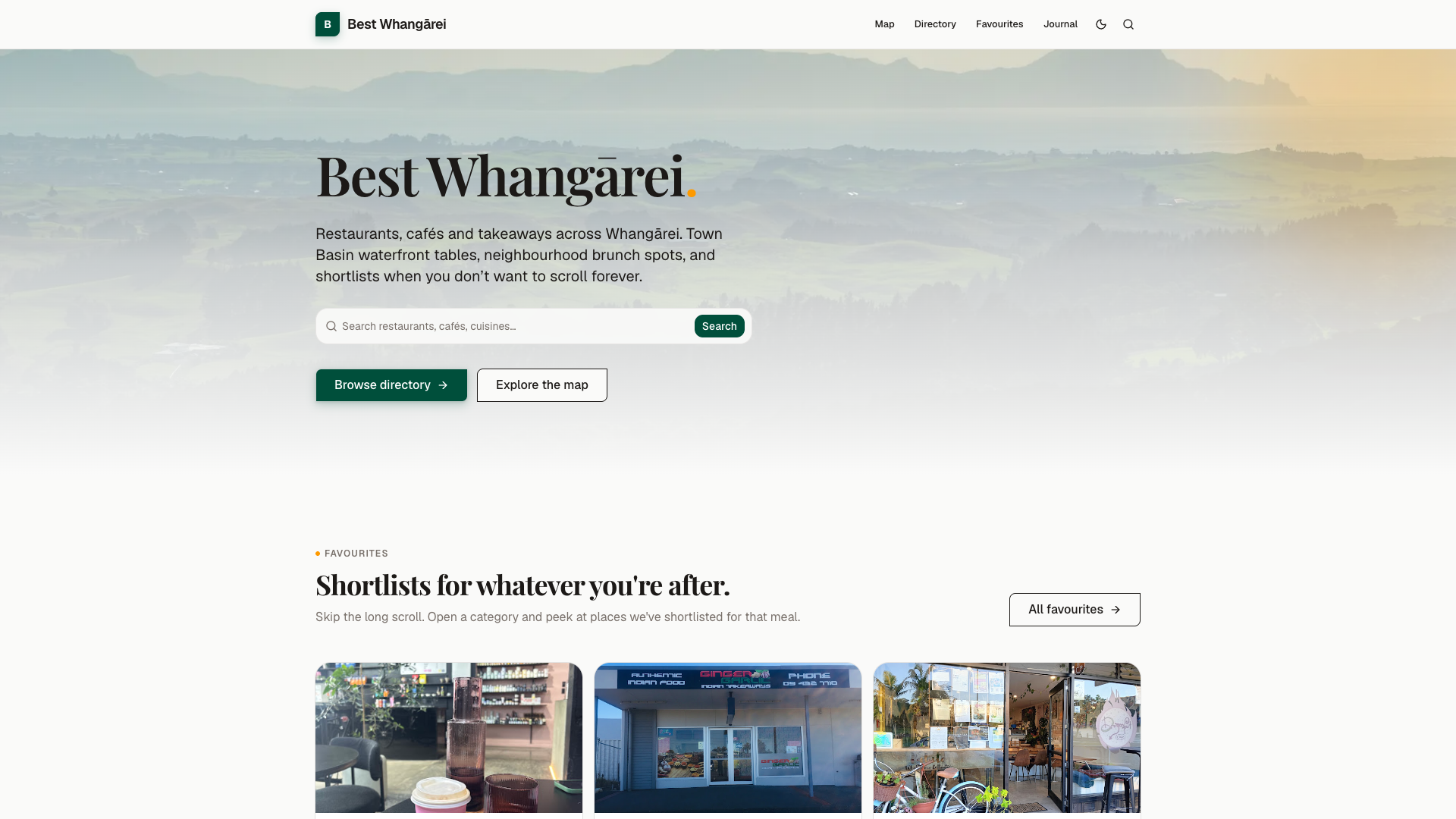 Best Whangārei homepage showing the dining search hero and Whangārei skyline